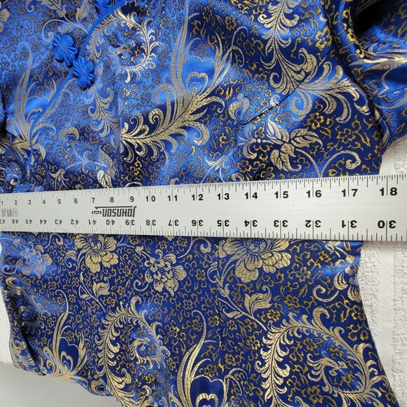 Hongdu Chinese Traditional Style Evening Dress Blue/Gold Floral High Slit - Picture 7 of 10